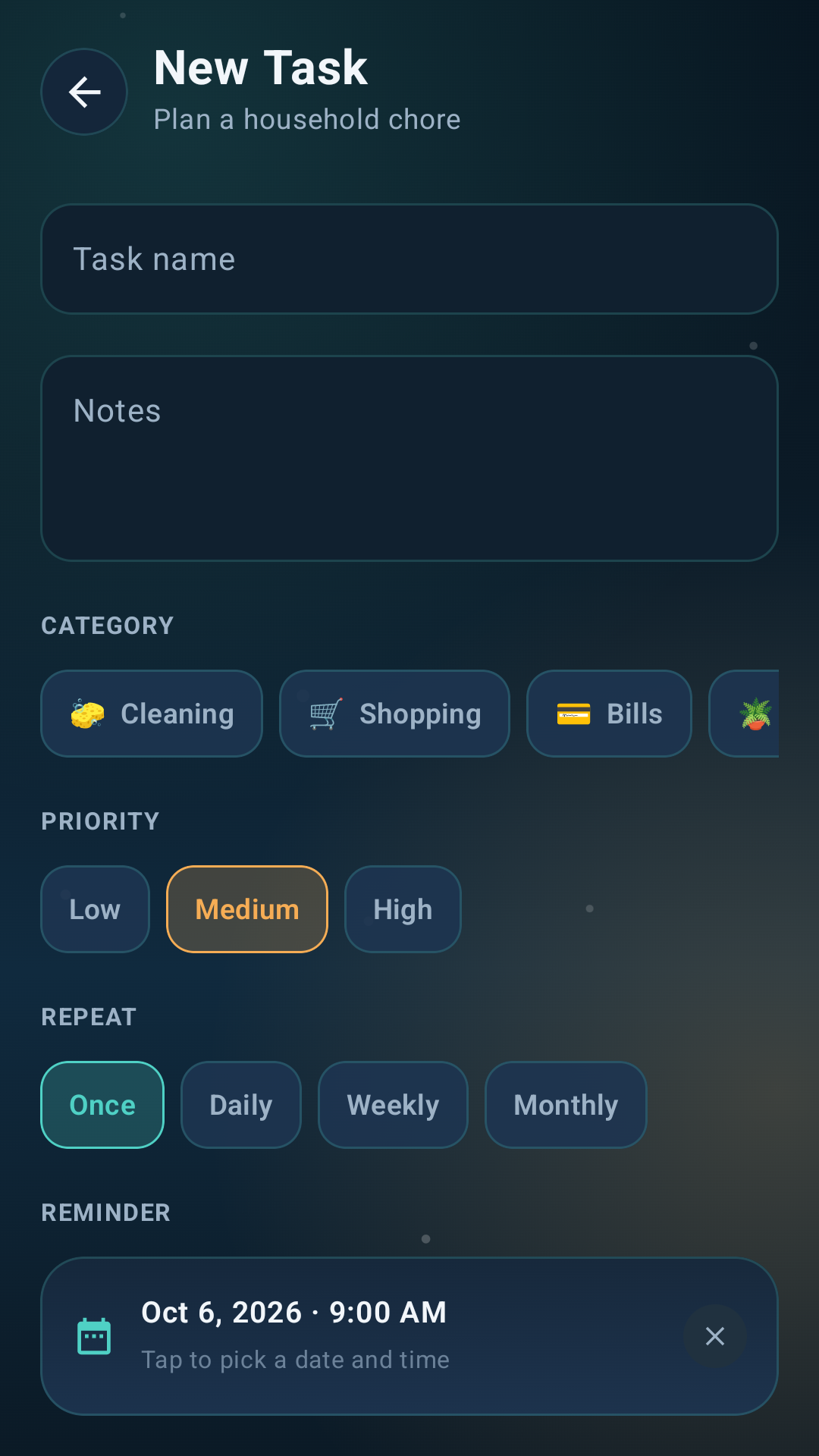 Pure Home Alert task creation screen